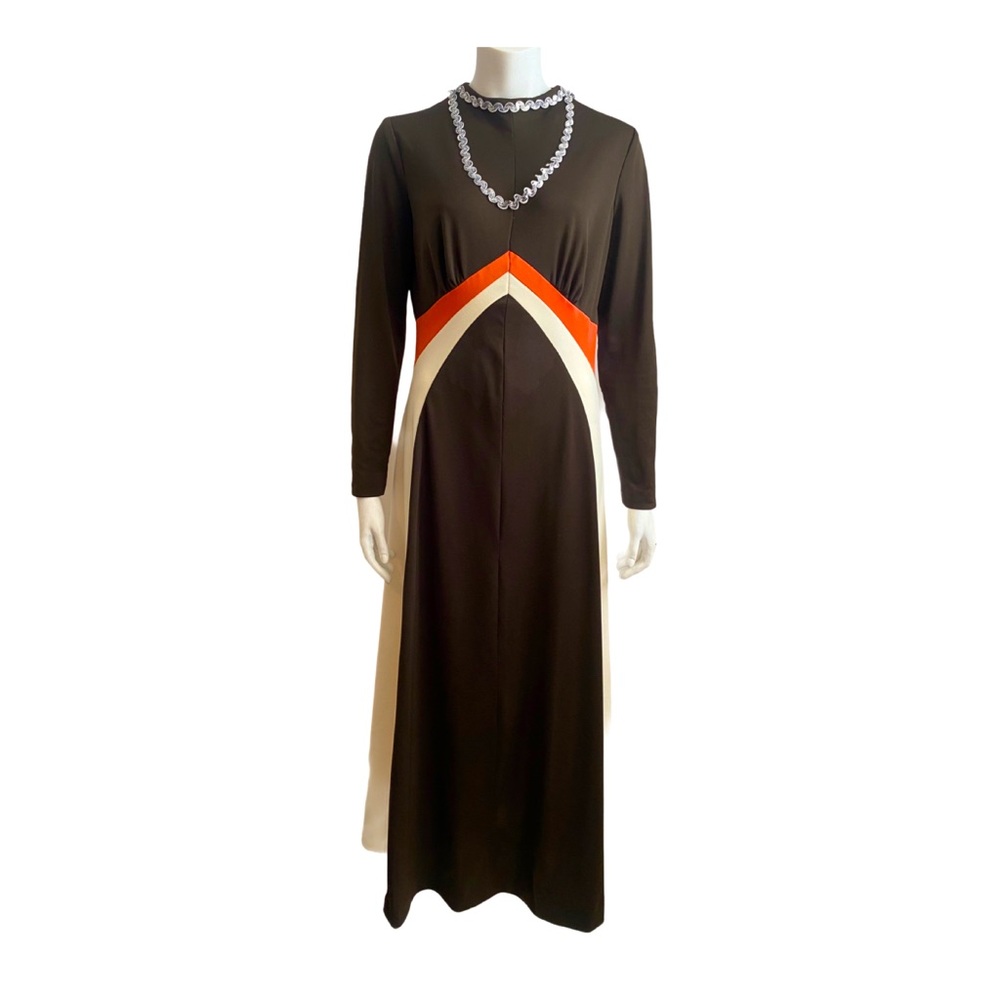 Vintage 70s Disco Maxi GROOVY Swirl Dress Knit Long Sleeve Brown Orange Cream M